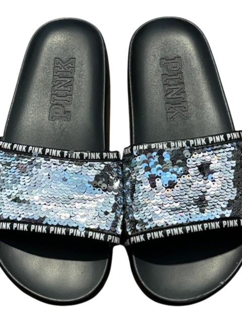 Victoria Secret PINK Black & Silver Sequin Sling Slides Silver Size 7/8
